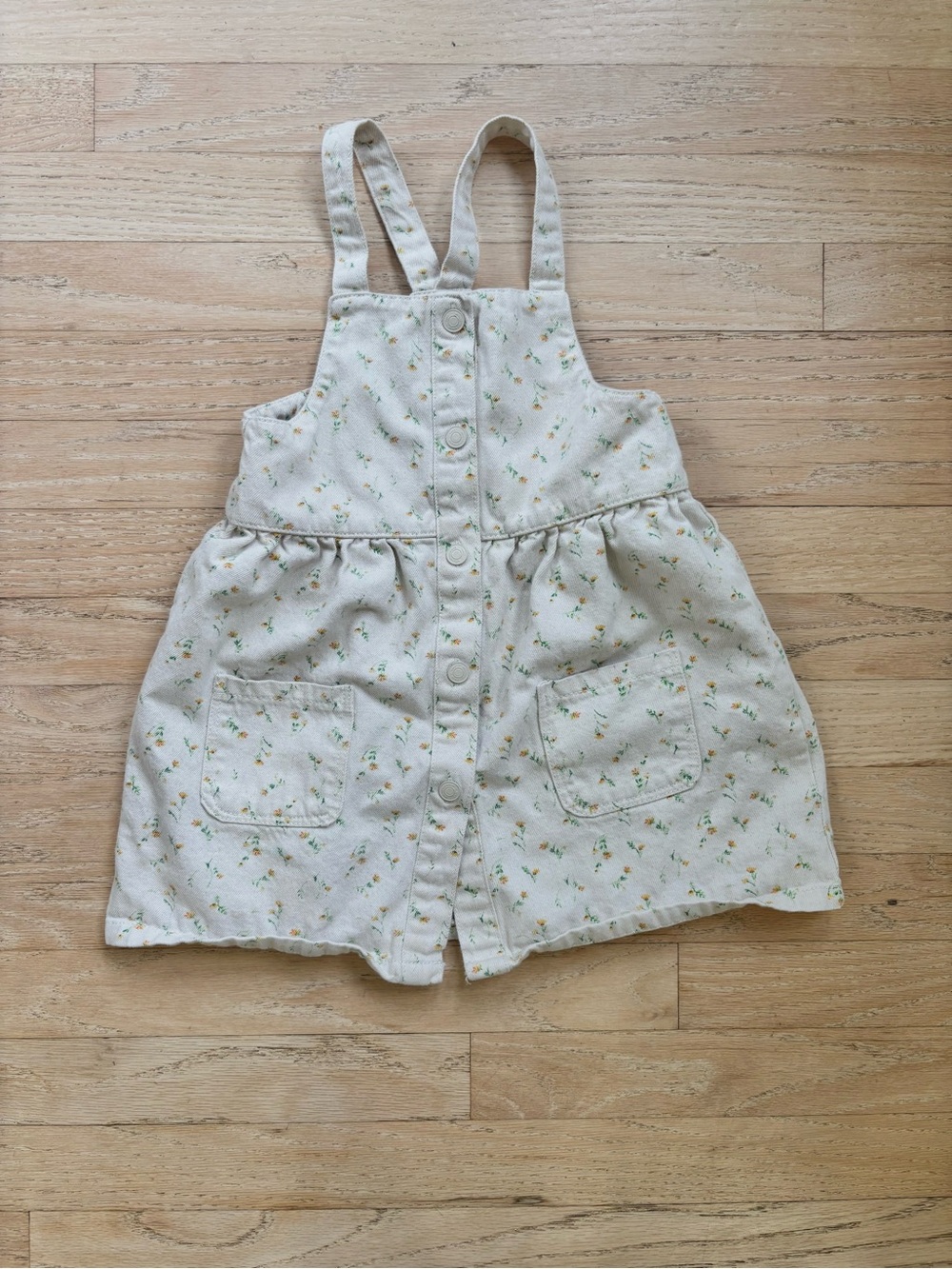 Zara Girls Cream Floral Print Button-Front Overall Pocket Dress Size 4-5